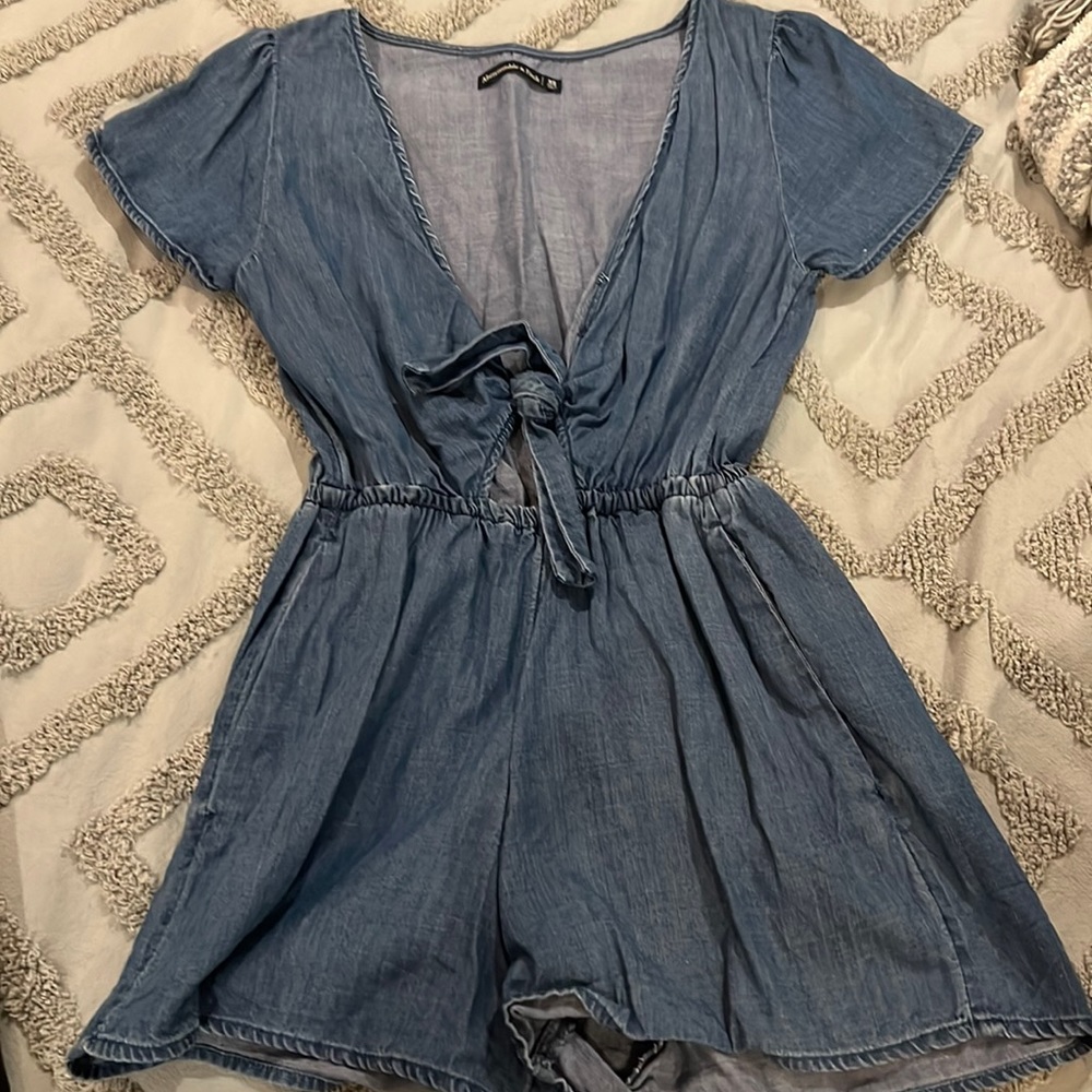 Denim romper with center tie
